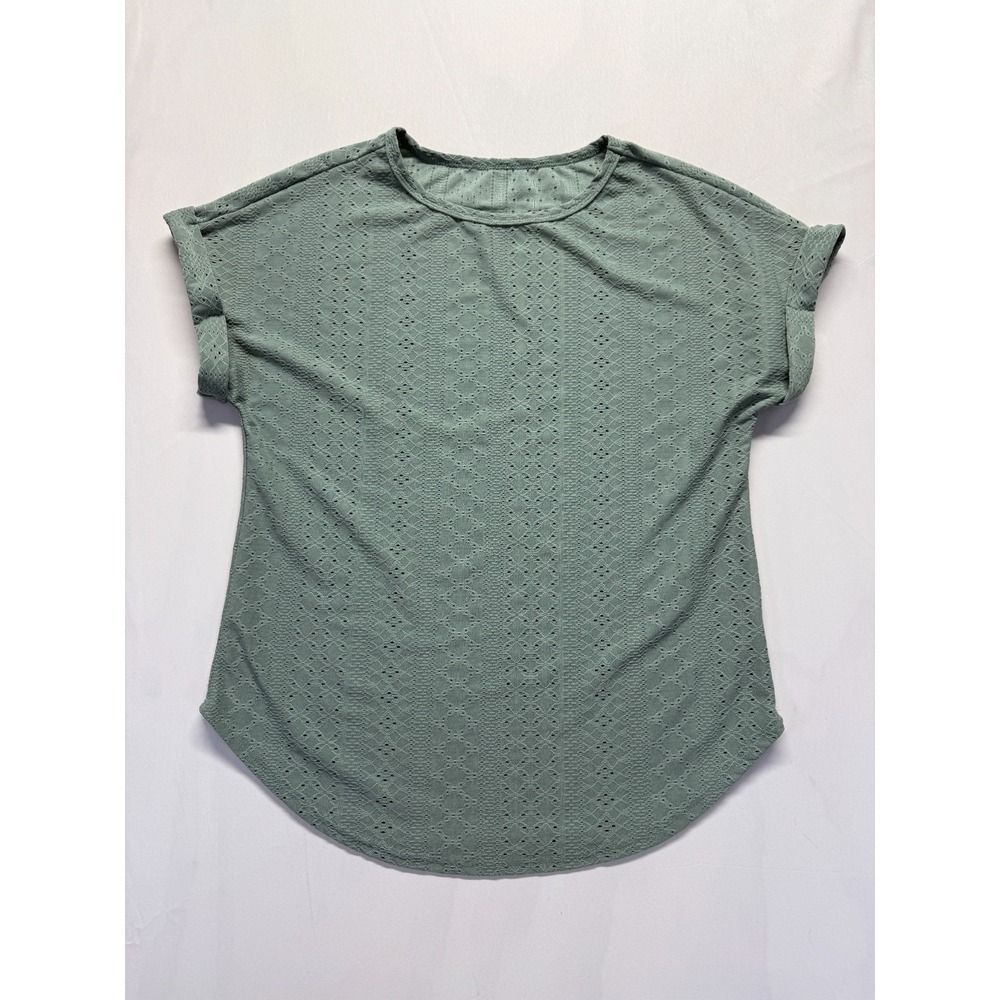 Perout‎ Blouse Top Womens Medium Green Eyelet Stretch Cuffed Sleeve Casual Wear